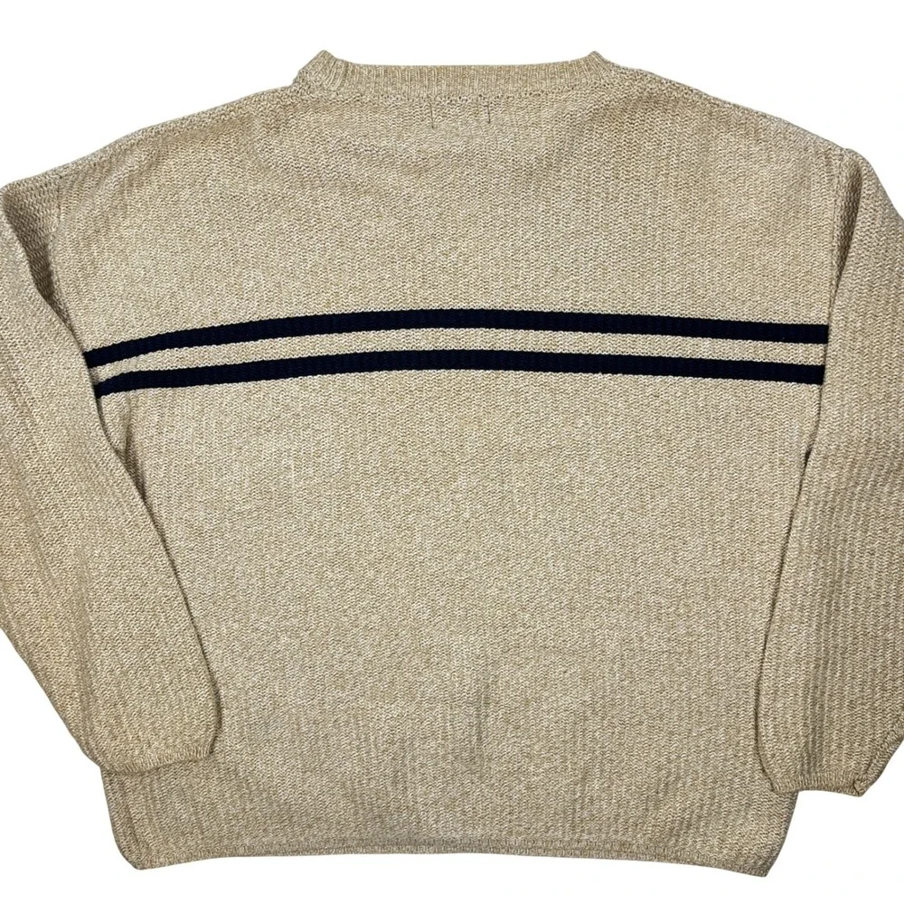 Peconic Bay Traders Mens Medium Beige Knit Blue Striped Crewneck Sweater USA Vtg
